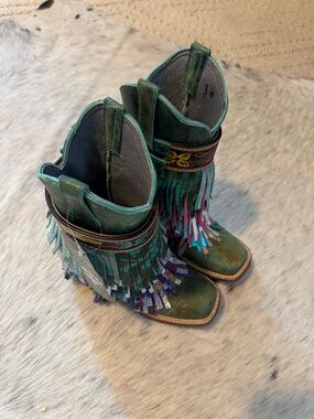 Vagabond Teal and Multicolor Fringe Kids Boots